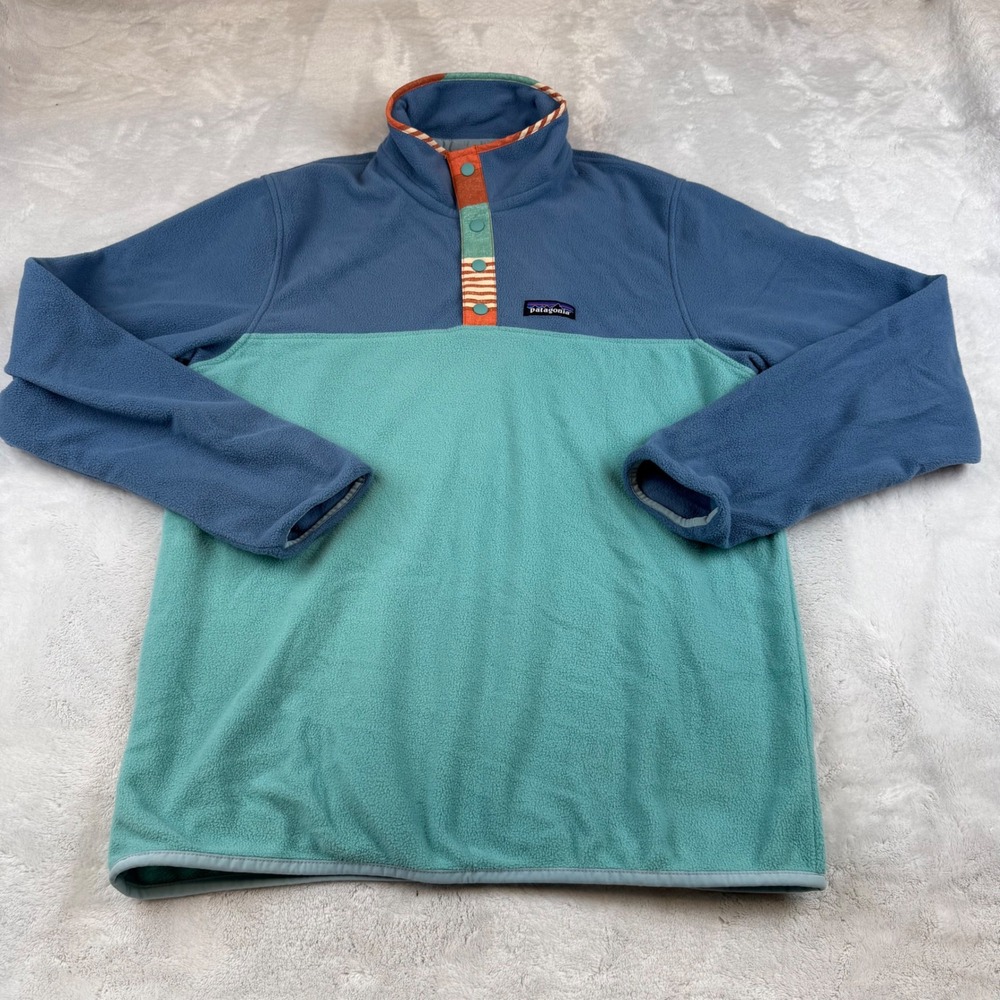 Patagonia Womens Fleece Pullover Blue Green‎ Snap Button Sweater Size S